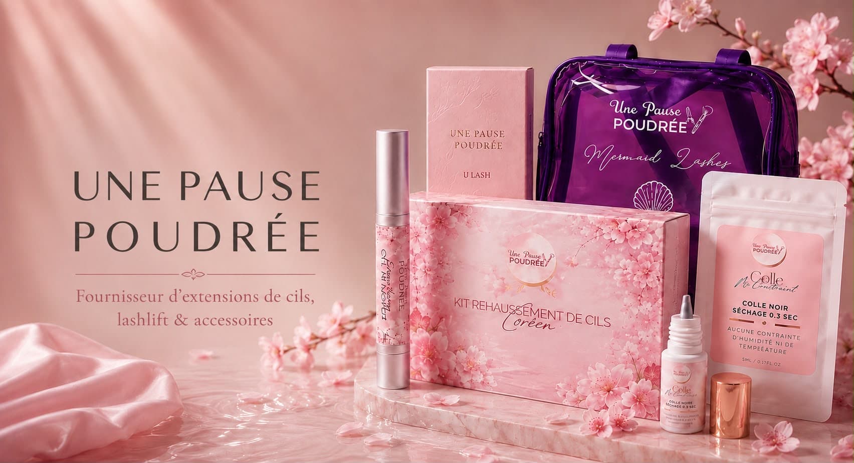 une pause poudrée — cleansing foam, fixation, lash box and gift card on a powdery background