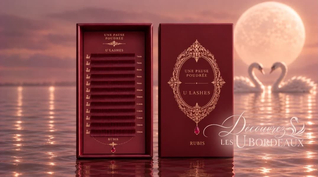 Cils U Lashes Rubis, coloris bordeaux, une pause poudrée — boîtes posées sur l'eau au coucher du soleil, deux cygnes en fond